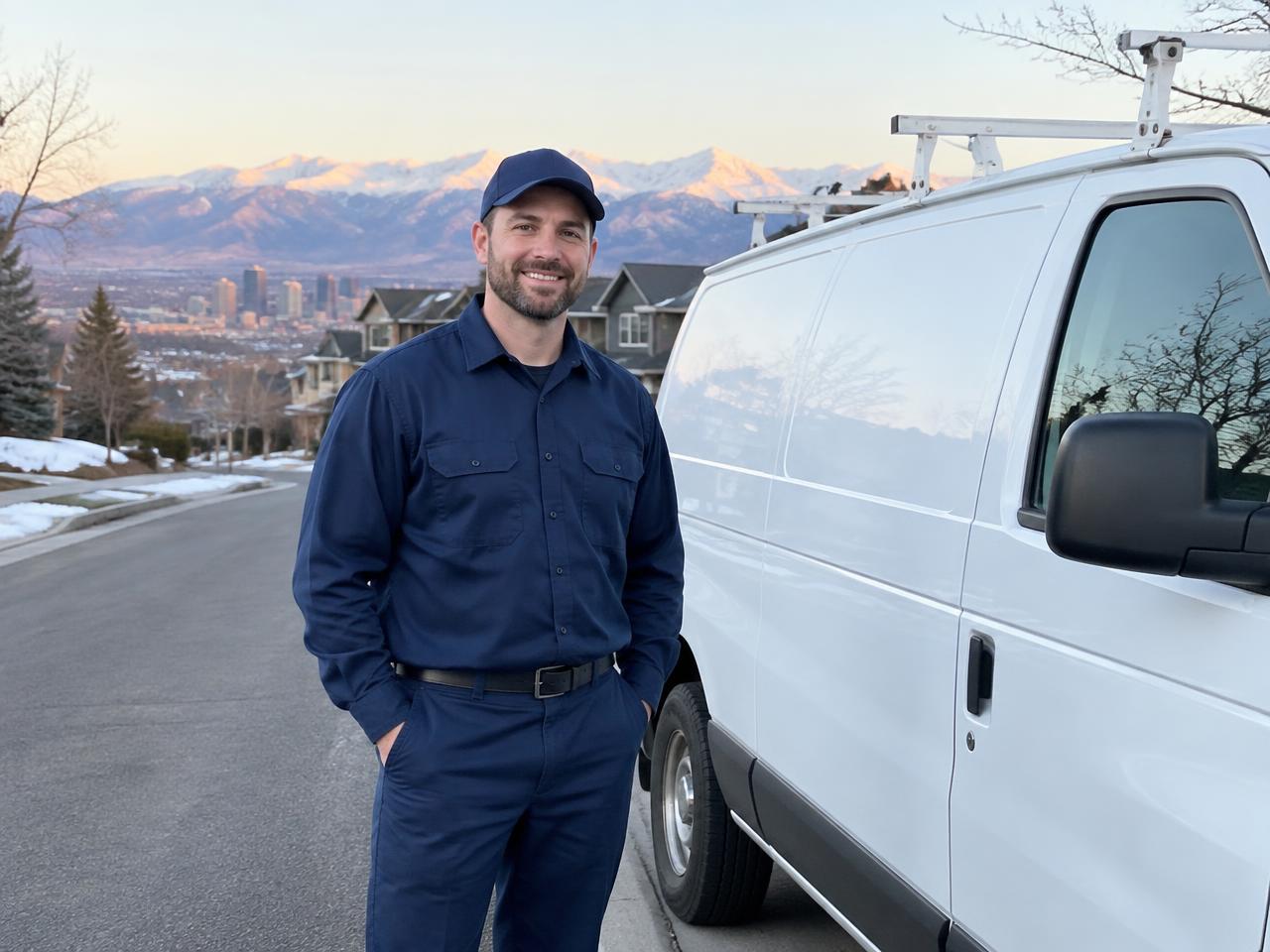 North Peak Plumbing technician beside the service van in a Denver neighborhood